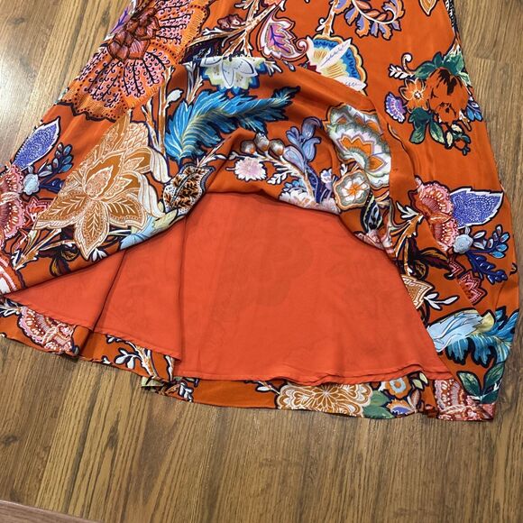 Anthro Maeve Dress Womens Medium Larkhill Orange Floral 100% Silk Swing Midi - Picture 8 of 11